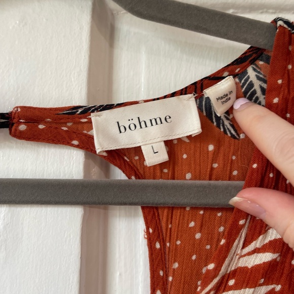 Bohme Jade Smocked Bohemian Midi Dress Rust Black Tropical Women’s Size Large - Picture 7 of 7